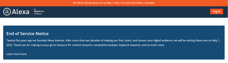 اعلام پایان خدمات رسانی سایت الکسا (Alexa.com) در سایت رسمی اش